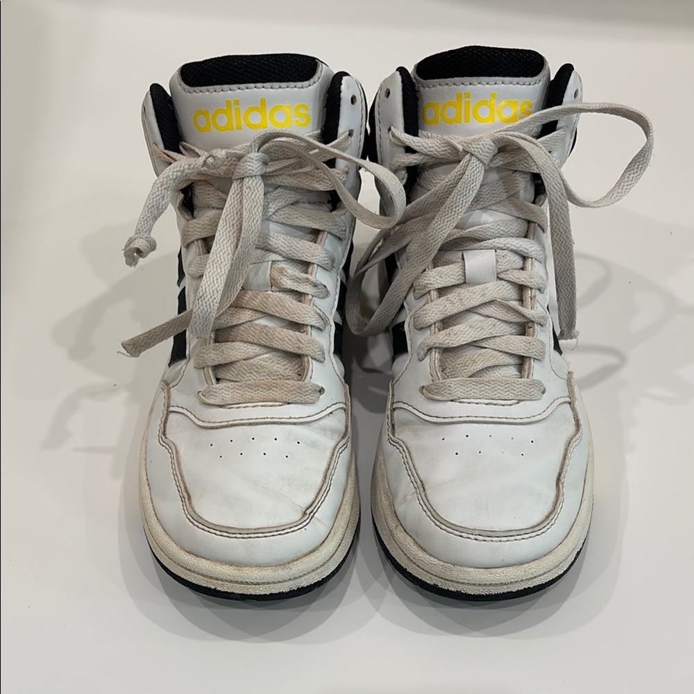 💕Gently💕Adidas Hoops Mid Sneaker White,Black,Yellow, Basketball,US2 Unisex